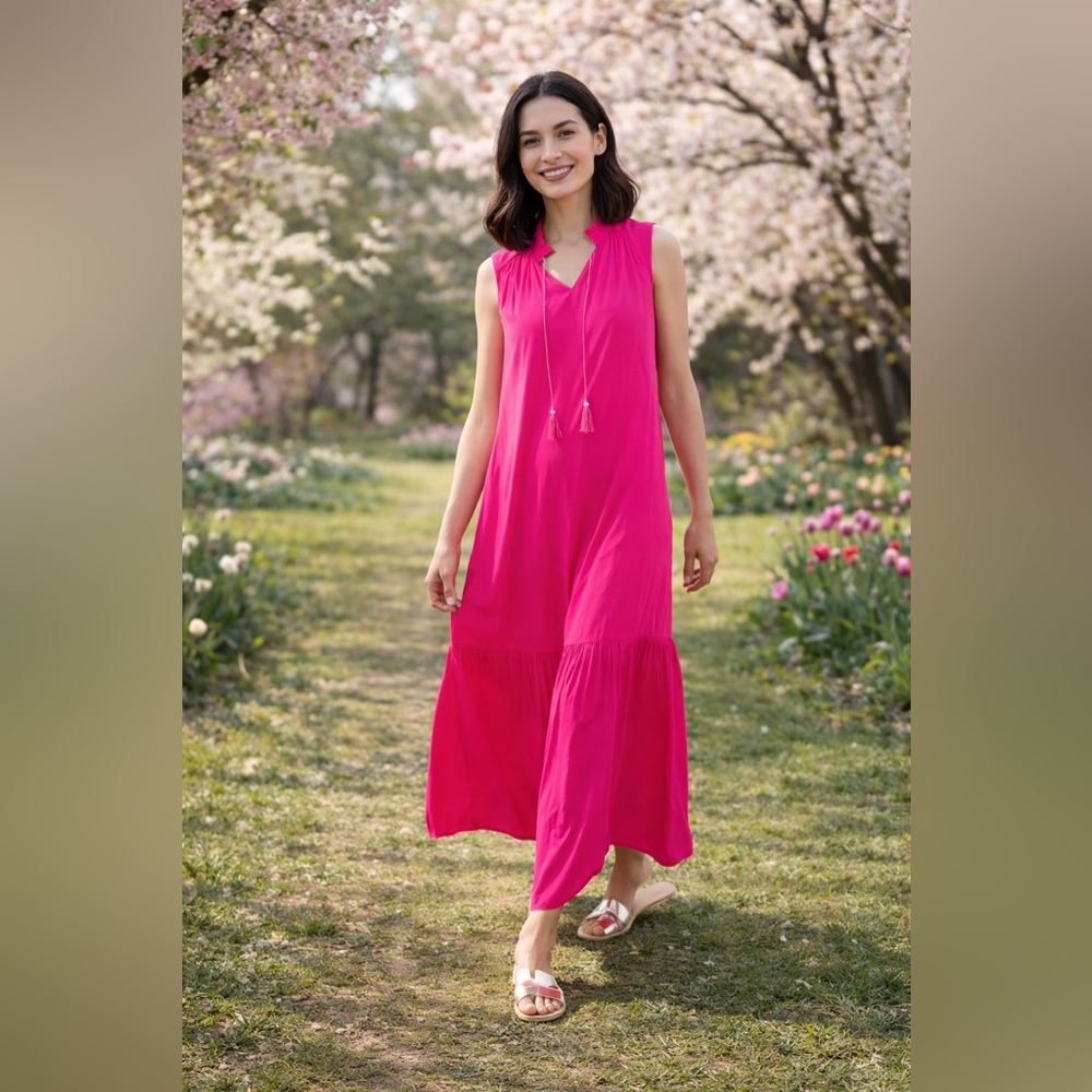 Chicos Modern Peasant Solid Pink Maxi Dress